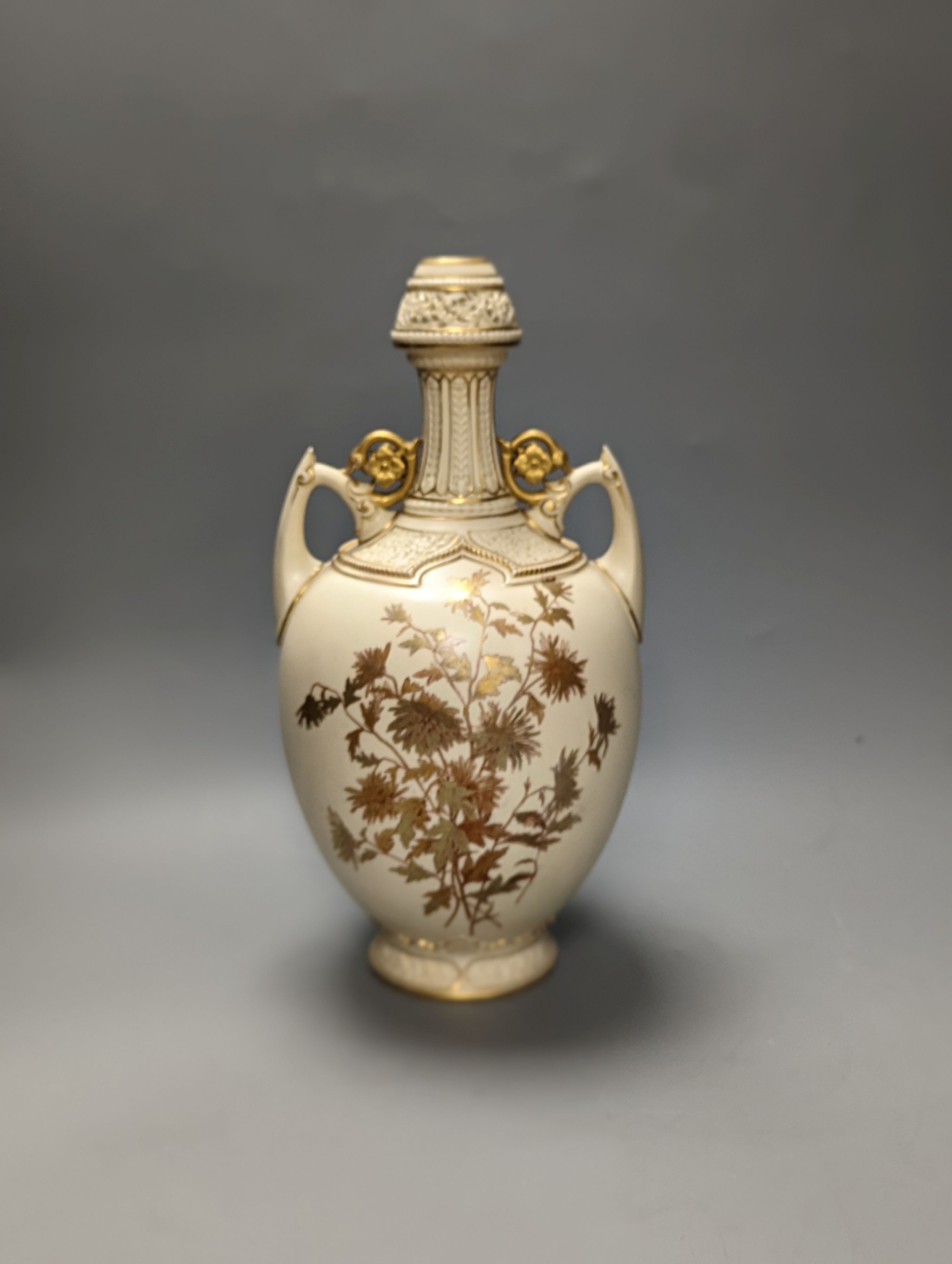 A Royal Worcester blush Ivory gilded floral ewer and a similar two handled vase 39cm